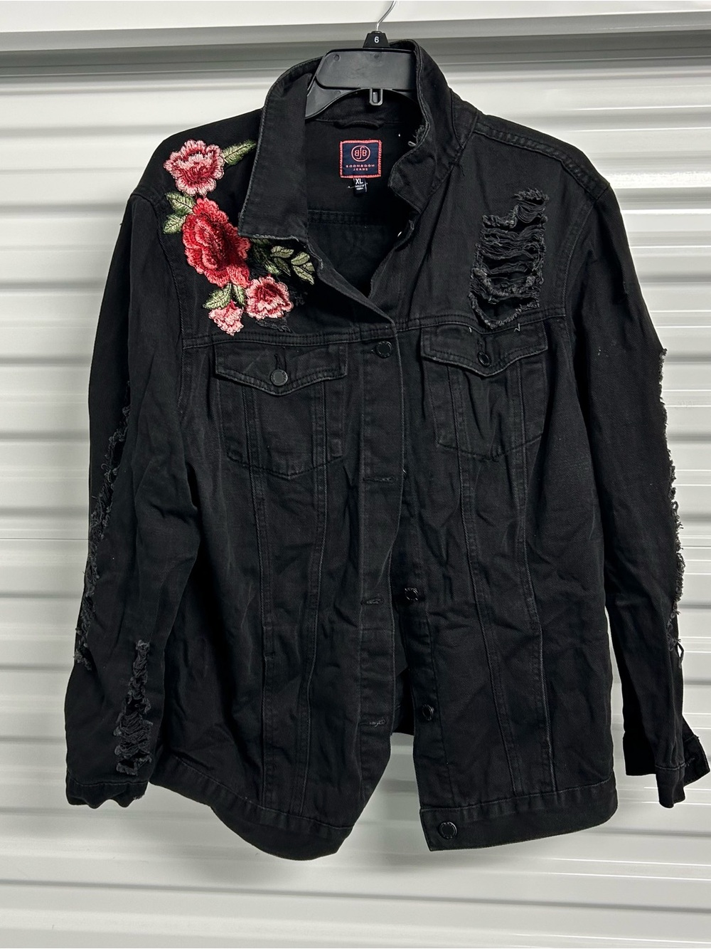 Boom Boom Jeans Black Denim Jacket with Pink & Red Rose Embroidery